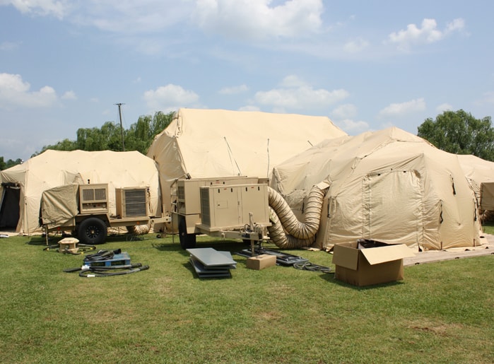 Military field tents with power and climate control systems