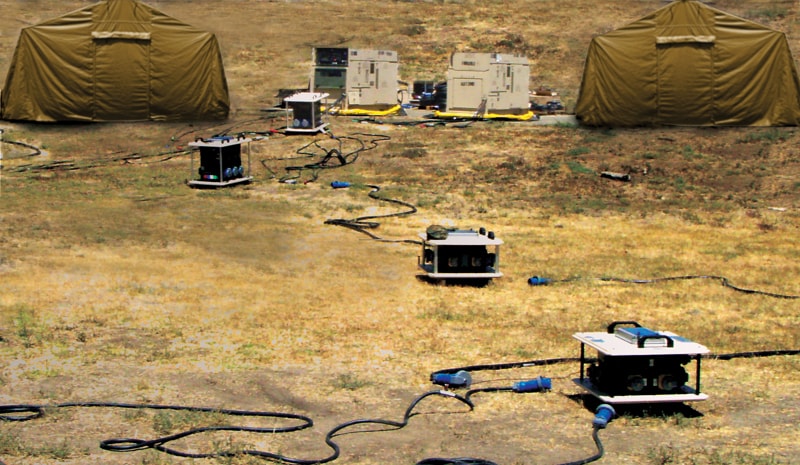 Military field power distribution setup with tents and generators